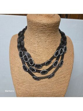 3-strand Gunmetal Mesh Tractor Chain with Oval Crystal Surround Necklace